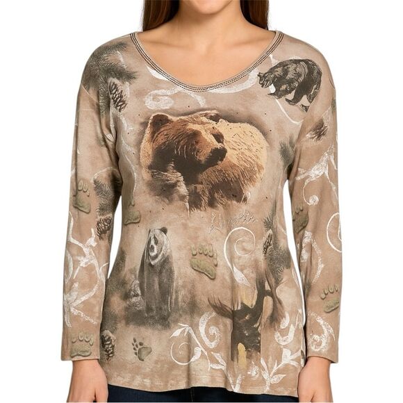 Cactus Bear Alaska Tan 3/4 Sleeve Blouse with Embellishments - Picture 1 of 9